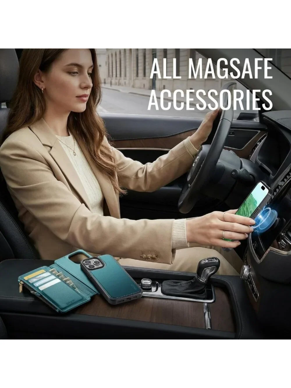 Turquoise Magnetic Detachable Wallet Phone Case for iPhone 14 Pro - Stylish